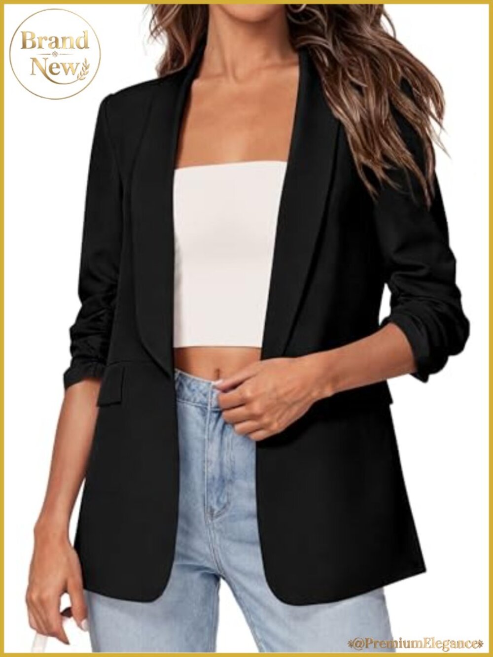 Womens Business Casual Blazer Open Front 3/4 Sleeve Slim Fit Suit Jacket